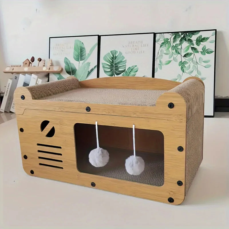Cat Scratch Sofa with Cardboard Nest, Scratch Column & Interactive Toys – All-in-One