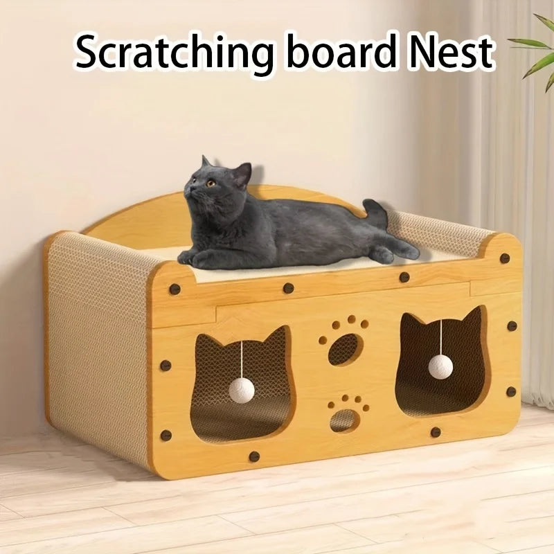 Cat Scratch Sofa with Cardboard Nest, Scratch Column & Interactive Toys – All-in-One